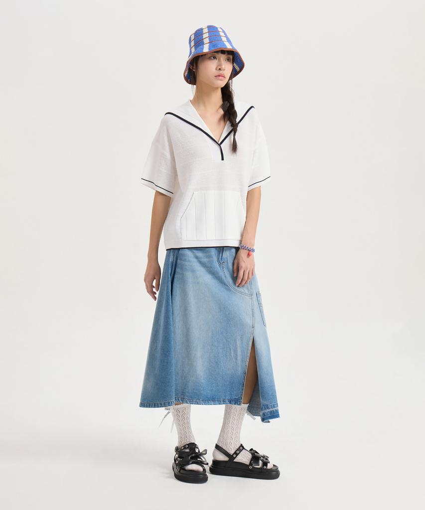 LUCKY CHOUETTE Oblique Incision Denim Long Skirt (Blue) Lfpdx25560Bux