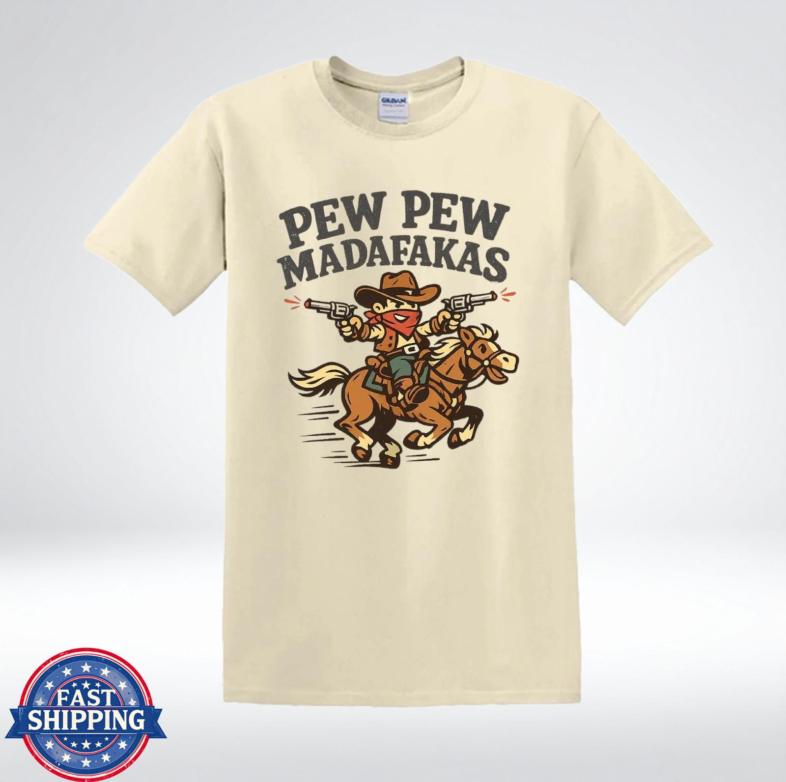 Pew Pew Madafakas Cartoon Cowboy Shirt Funny Western Gun Graphic T-Shirt M