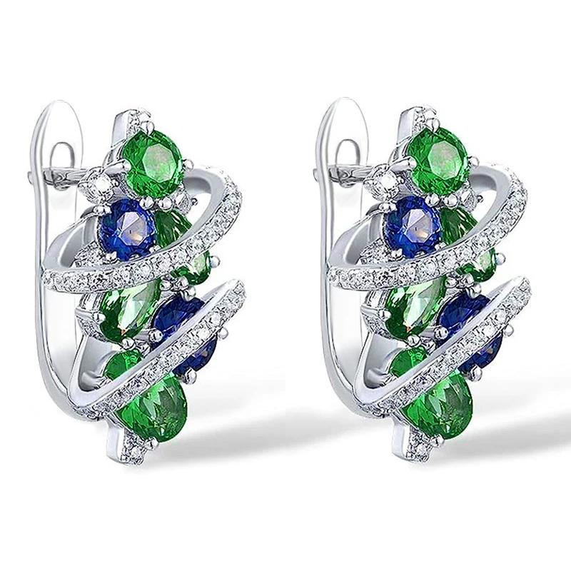 Trendy Hoop Earrings with Bright Green/Blue Zirconia Female Fashion Engagement Jewelry Luxury Silver Color Accessories