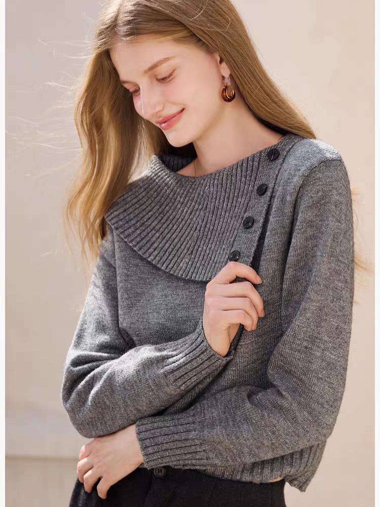 Women's 100% Pure Wool Asymmetrical Lapel Pullover Sweater - Thickened Knitwear for Autumn & Winter