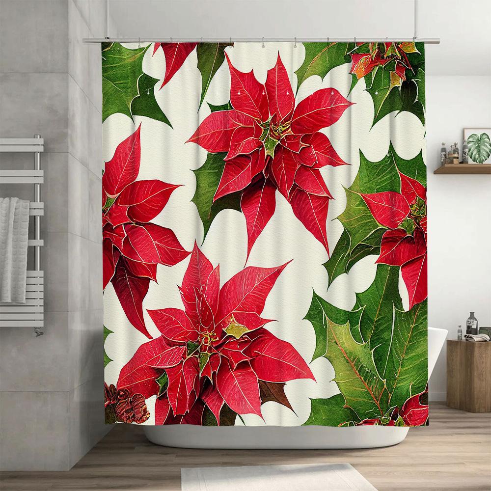 Christmas-themed shower curtain with red poinsettias for bathroom decor waterproof fabric suitable for all seasons #home-decor