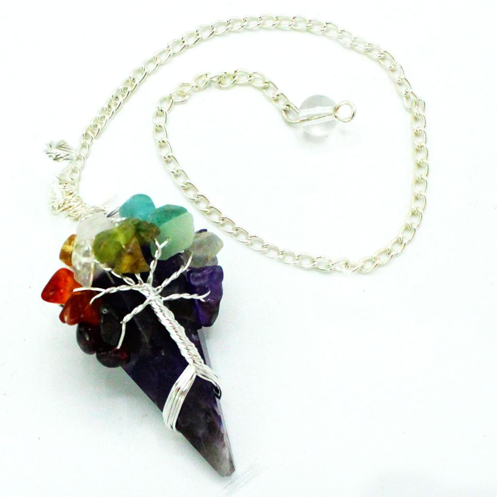 Pendule en Cristal d'Améthyste avec Perles Sept Chakras