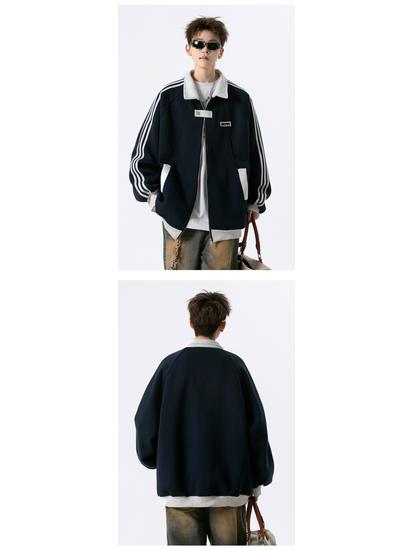 American Three-Stripes Unisex Heavyweight Baseball Jacket - Trendy Autumn/Winter Striped Patchwork Outerwear for Teens