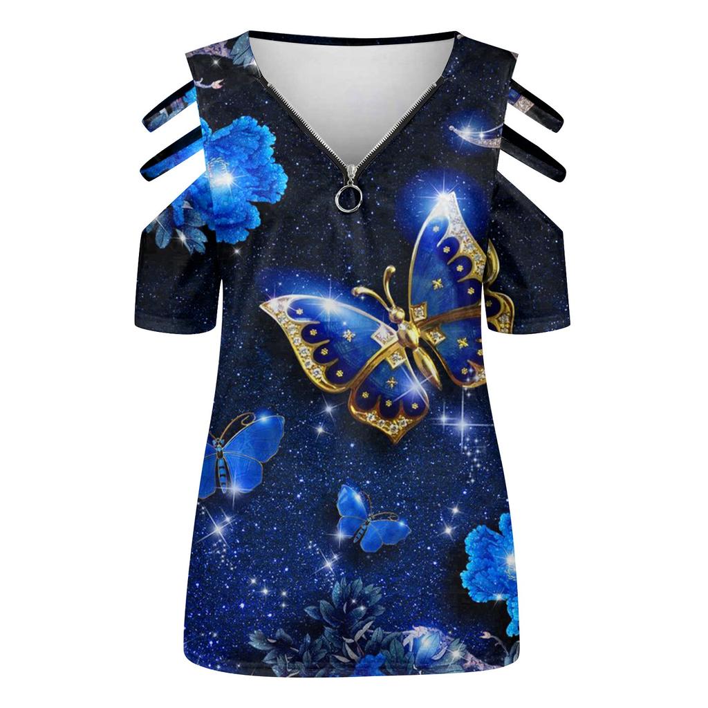 Women's Fashion Casual Loose Print Short Sleeve V-neck Zipper Off-shoulder Top