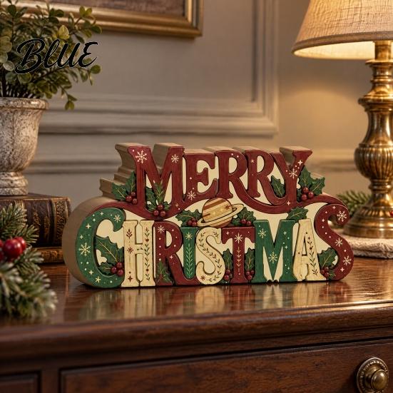 Decorative Holiday Signage Wooden Merry Christmas Sign 2D Flat Farmhouse Freestanding Table Centerpiece Small Keepsake Rustic Tiered Tray Decoration