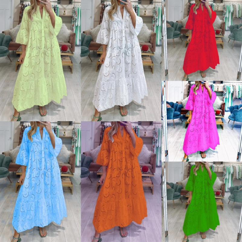 8 Renk S-5XL Kadın Modası Yaz İlkbahar Düz Renk Baskılı 3/4 Kol V Yaka Günlük Elbiseler