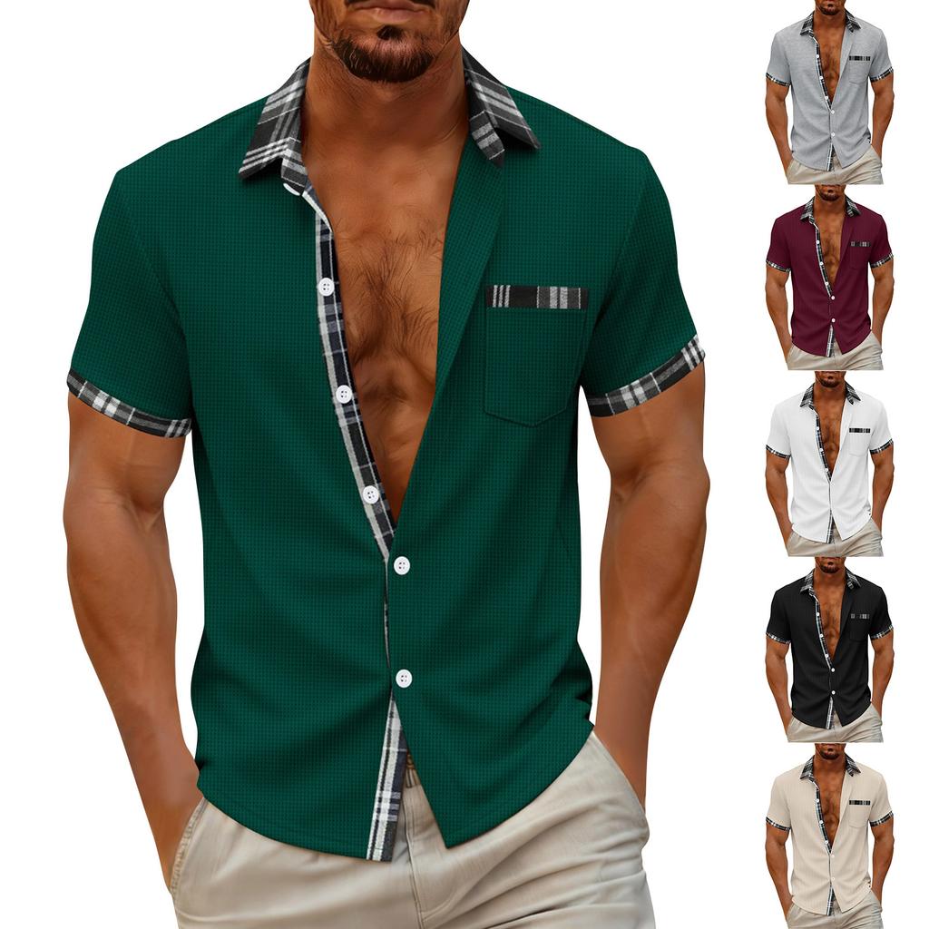 Men's Stand Up Collar Shirt Short Sleeved Top Men's Casual T-shirt Cardigan Top