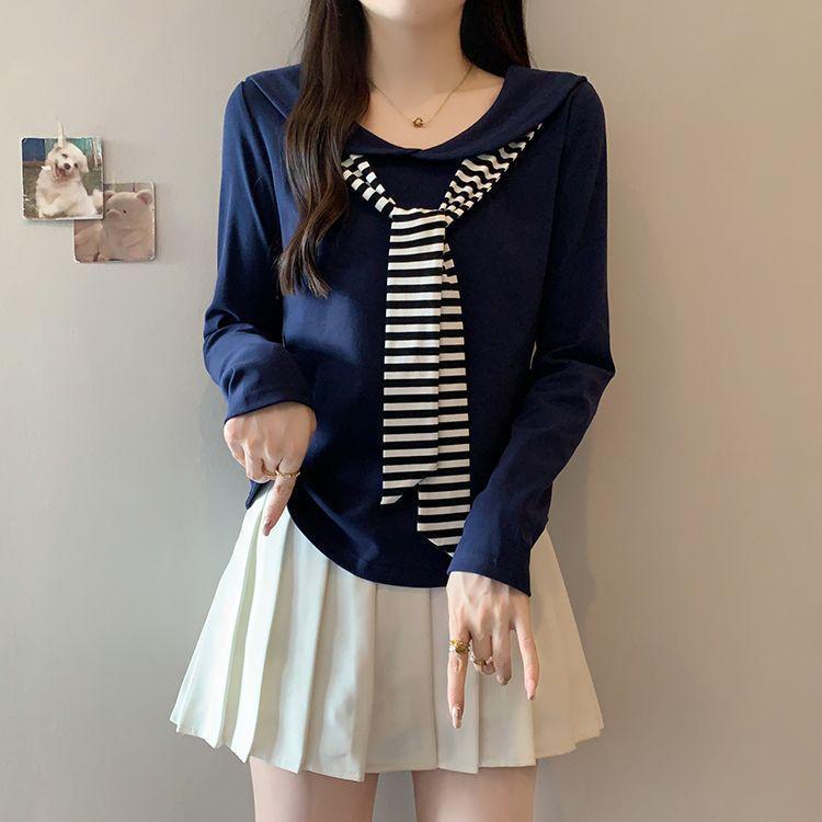Plus Size Navy Collar Striped Long Sleeve Women's T-shirt - Slimming & Versatile Spring/Autumn Style.