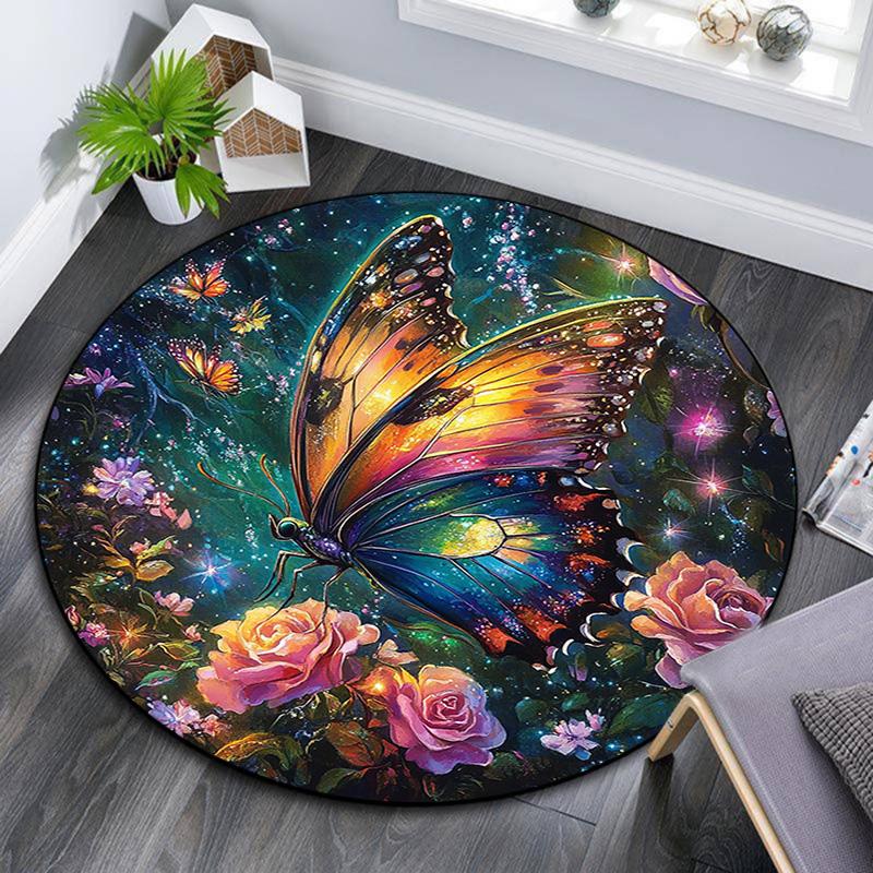 Butterfly Garden Round Area Rug,Carpet Rug for Living Room Bedroom Sofa Playroom Decor,Non-slip Floor Mat