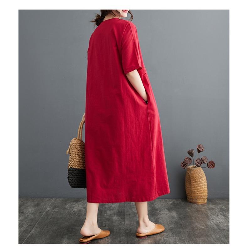 Summer New Cotton and Linen Artistic Retro Pullover Buckle Dress A-line Long Skirt