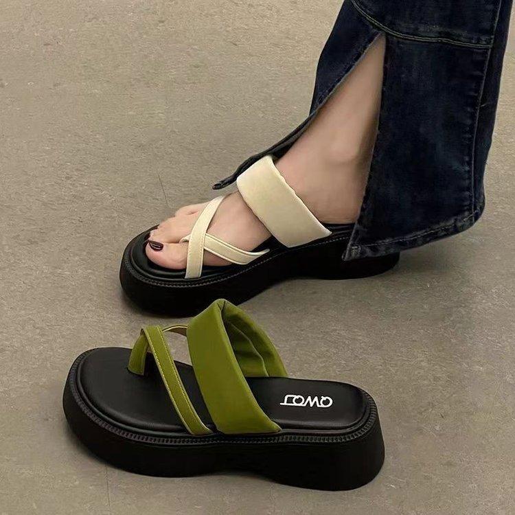 Muffin bottom set toe slippers medium heel rubber thick bottom toe one-word drag summer new