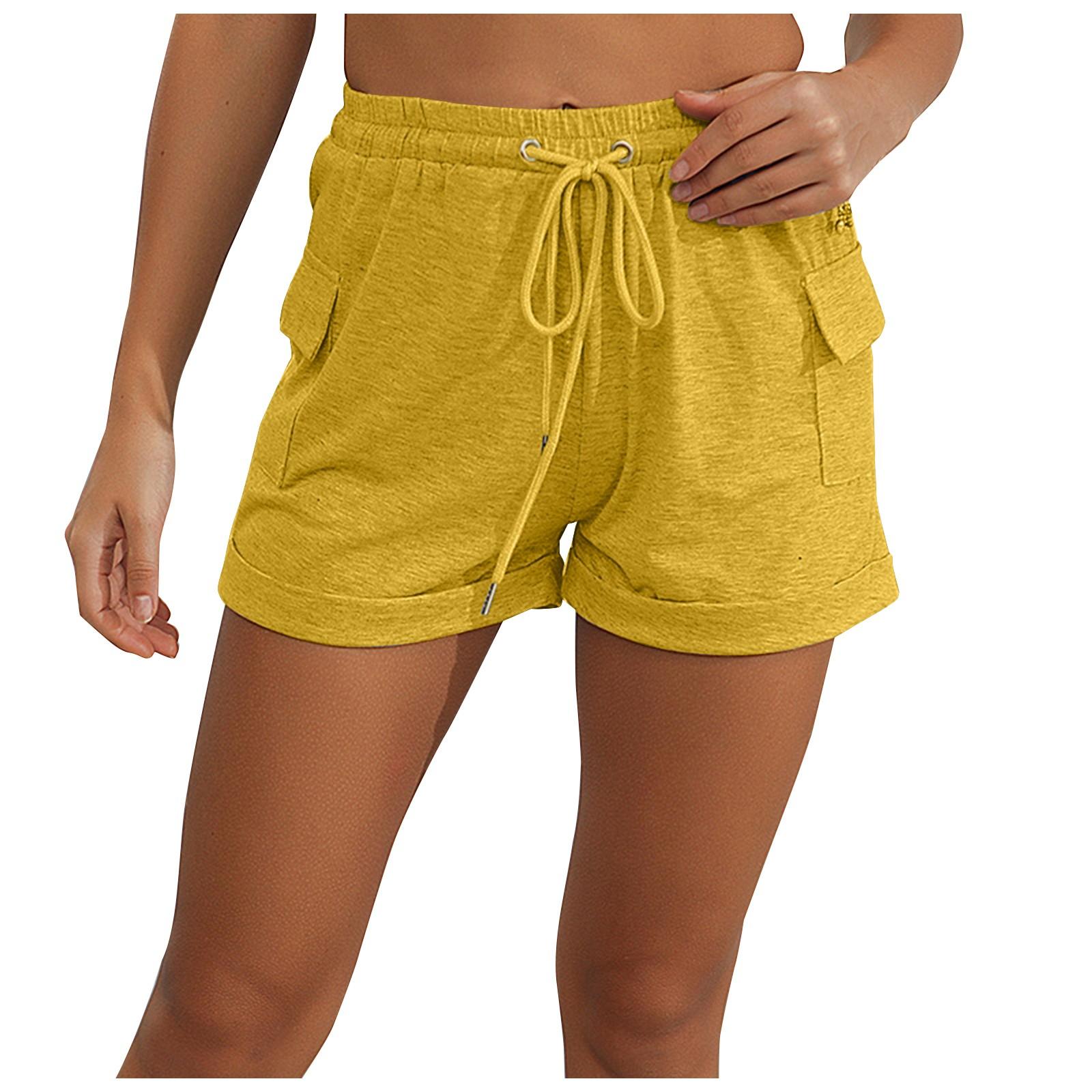 

Женские модные эластичные пояса с карманами, однотонные повседневные спортивные шорты, брюки M жёлтый