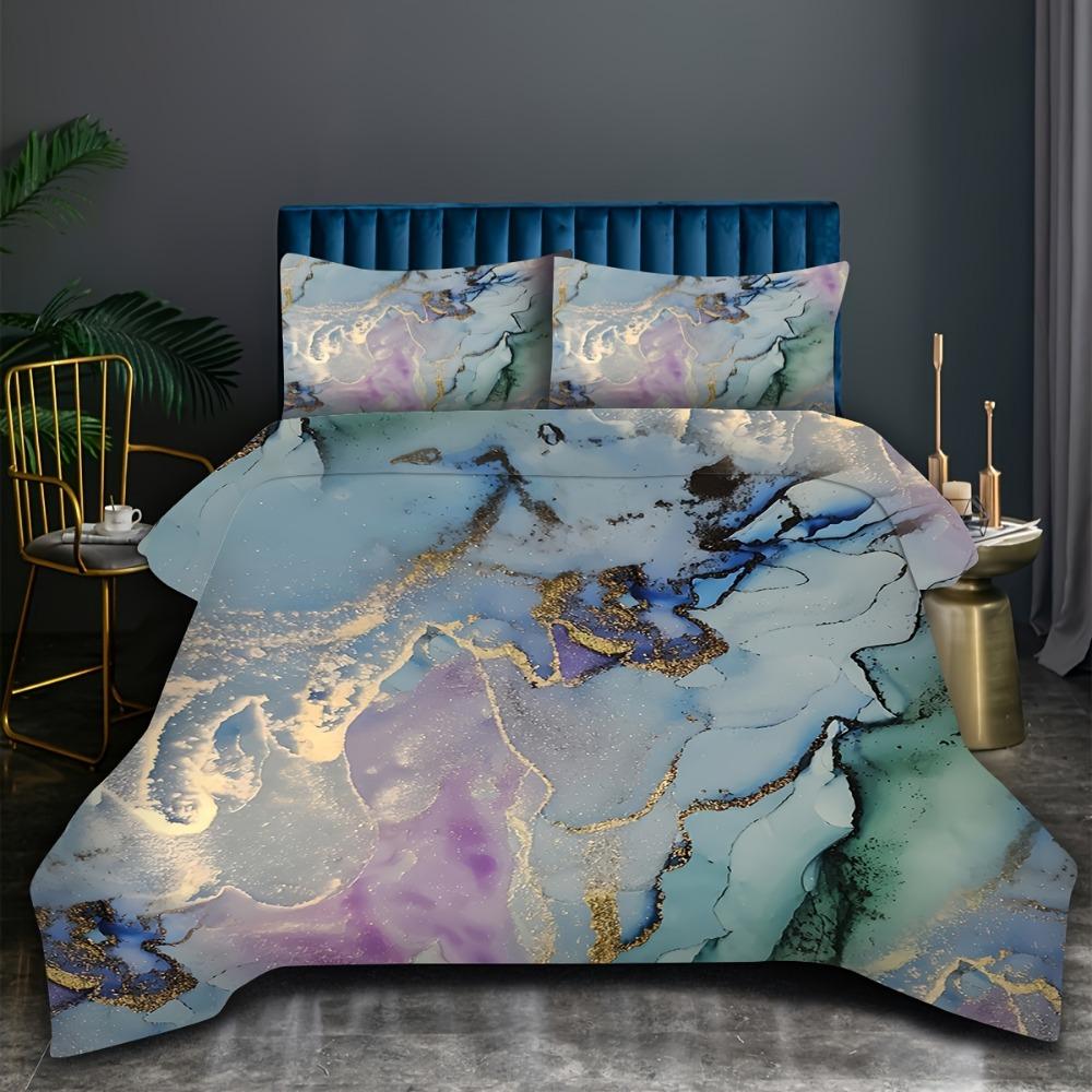 

3pcs Green Bedding Set Marble Texture Gilding Print Cozy Duvet Cover Set King Queen Twin Single Size Birthday Gift Bedroom Decor EU Single 135x200cm