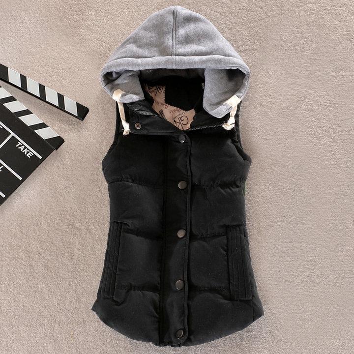 Dames Herfst en Winter Kort Warm Vest met Capuchon Plus Size Opstaande Kraag Slim Zakjas