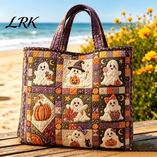 Geräumige Aufbewahrungstasche für das Nötigste Halloween Gesteppte Tragetasche, Kürbis Geist Katze Aufdruck Schulter Strapazierfähig Buch Leicht Polyester Wiederverwendbare Handtasche