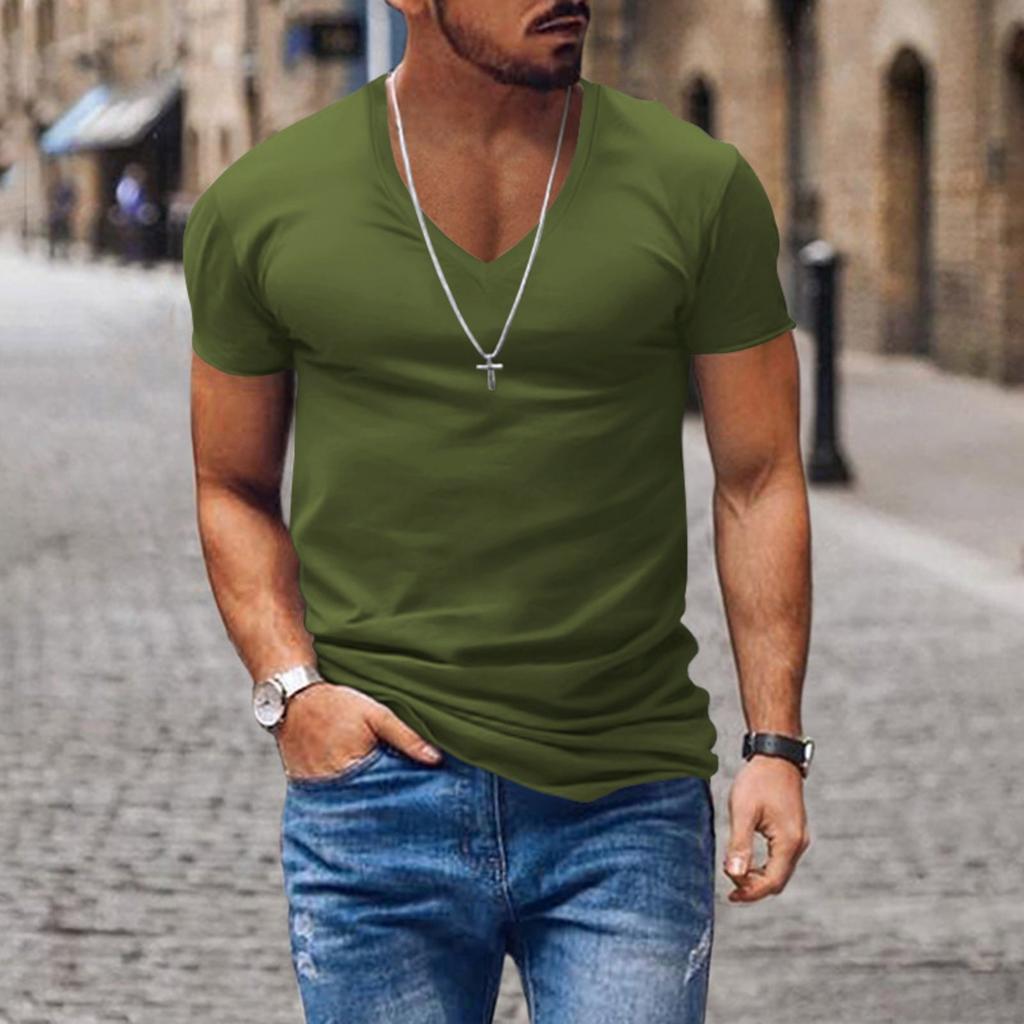 Men's Short Sleeve V-neck T-shirt Solid Color Casual T-shirt Short Sleeve