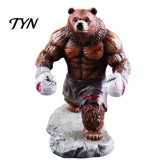 Fitness Bear Statue Resin Boxing Figurine, Muscle for Desk Decor, Realistic Brown White Sculpture Office and Home