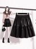 Plus Size High-Waisted PU Leather A-Line Layered Mini Skirt Pants for Spring/Autumn - Fluffy, Anti-Exposure, Slimming