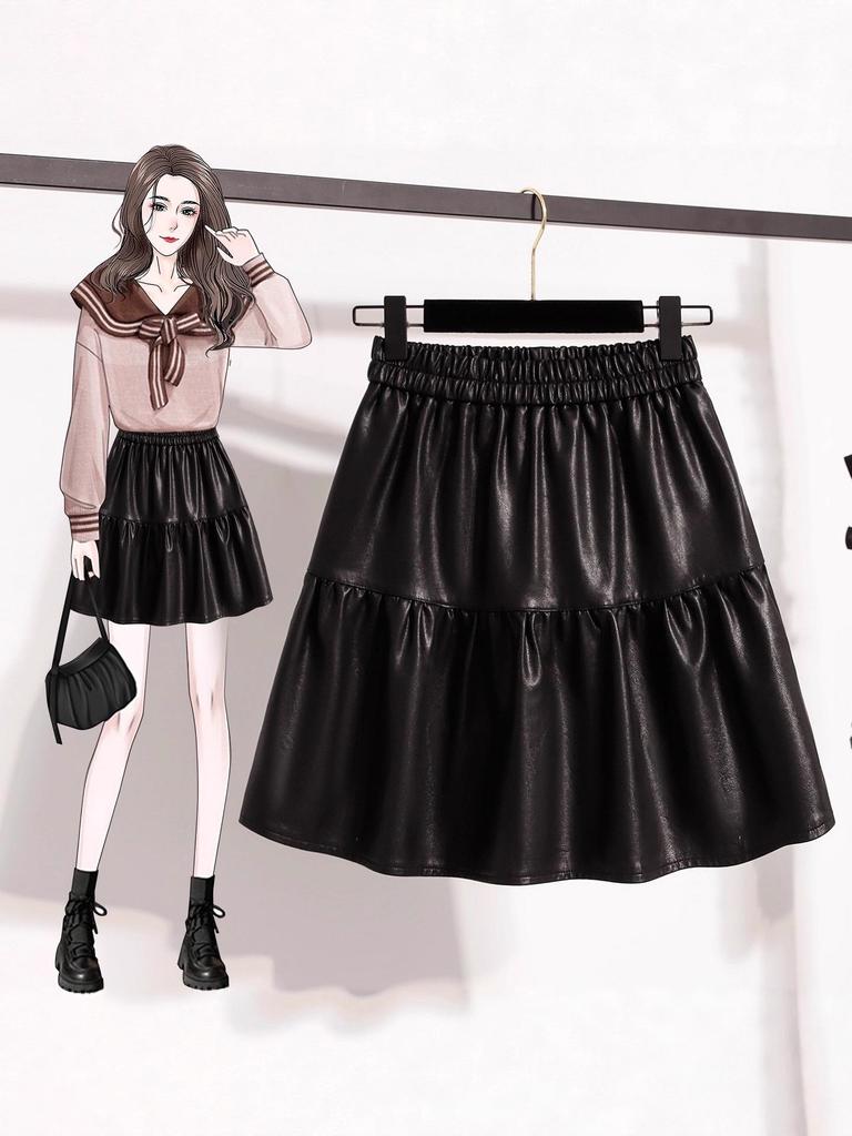 Plus Size High-Waisted PU Leather A-Line Layered Mini Skirt Pants for Spring/Autumn - Fluffy, Anti-Exposure, Slimming
