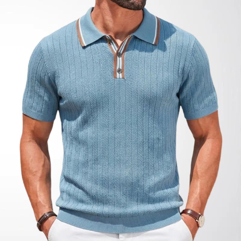 Men Contrast Trim Short Sleeve Knitted Polo Shirt M синий