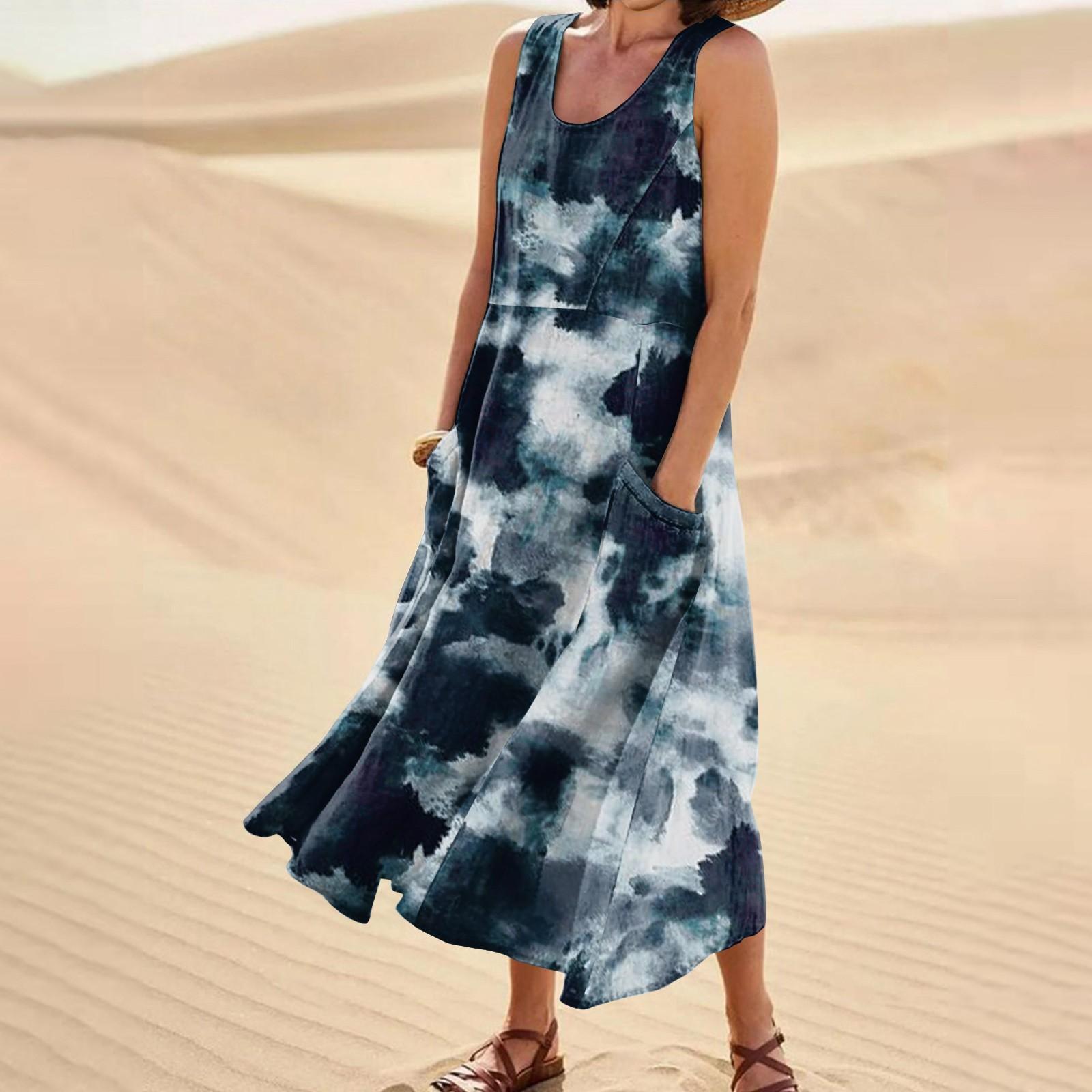 

Женское модное повседневное однотонное хлопковое льняное платье без рукавов с карманами S тёмно-синий