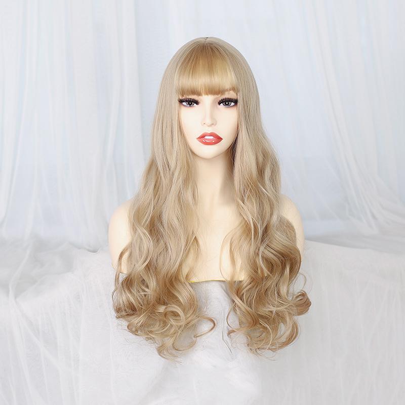 

Bybrana Женские золотистые большие волны с челкой, длинные волосы, синтетические волосы, устойчивые к высоким температурам 60cm