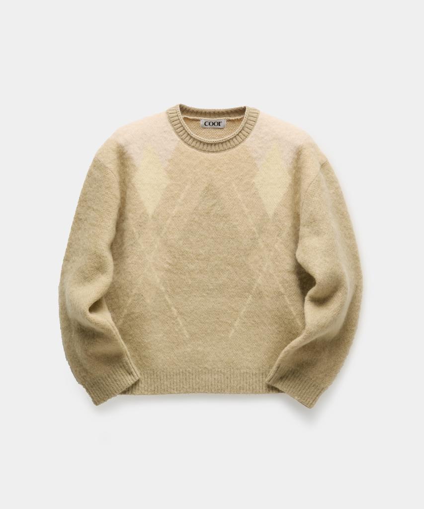Kueo Hairy Mixed Argyle Crewneck Sweater (Yellow)