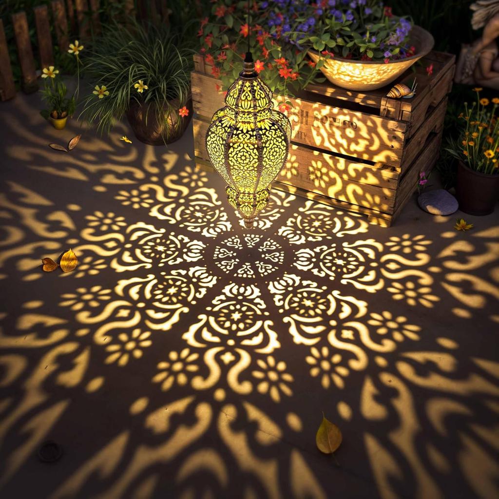 Moroccan Solar Lights Outdoor Lantern Gold Garden Decor Waterproof Patio Pathway (2-Pack)