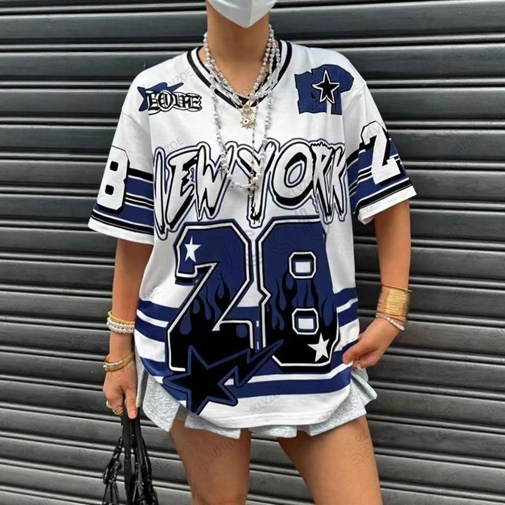 Oversized T-shirt For Women V-Neck Short Sleeve Summer Patchwork New York 28 Print Casual Tees Sports Football Jersey Y2k Tops