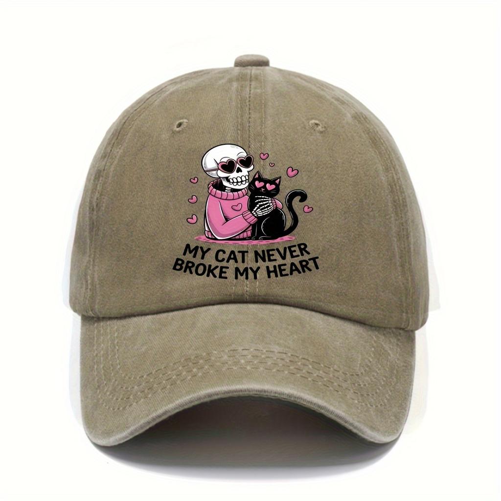My Cat Never Broke My Heart Skeleton Baseball Cap Distressed Washed Denim Style Outdoor Casual Adjustable Hat