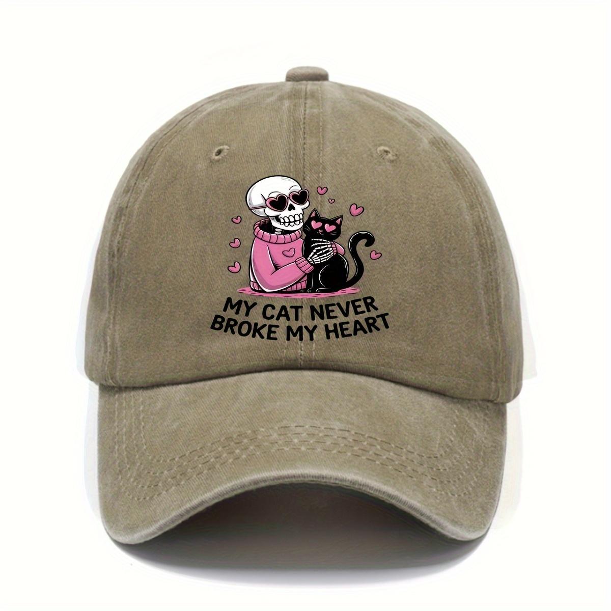 

My Cat Never Broke My Heart Skeleton Baseball Cap Distressed Washed Denim Style Outdoor Casual Adjustable Hat One Size