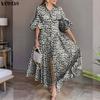 VONDA Vintage Women Puff Sleeve Leopard Print Buttons Up Long Pleated Dress