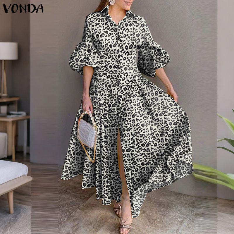 VONDA Vintage Women Puff Sleeve Leopard Print Buttons Up Long Pleated Dress