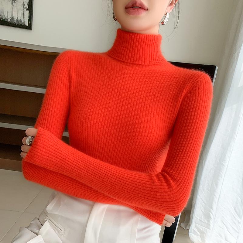 Women's Cashmere Ribbed High Neck Sweater - Seamless, Slimming, Versatile Knitwear for Autumn/Winter