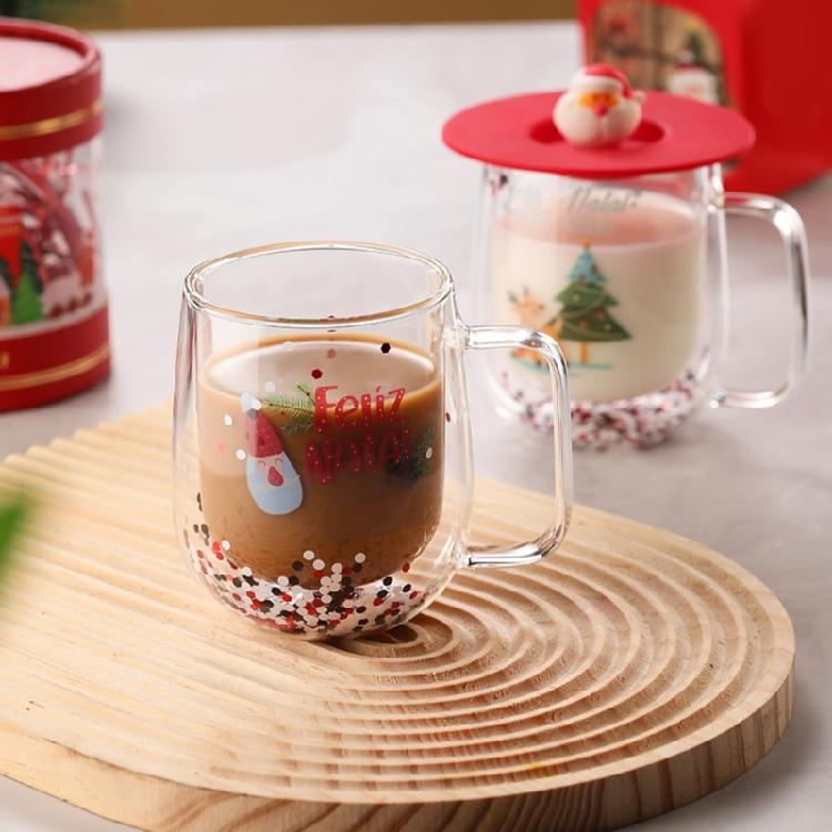 Insulated Christmas Glasswares Holiday Seasonal Coffee Mugs Insulated Glass Cup for Coffee Hot Chocolate