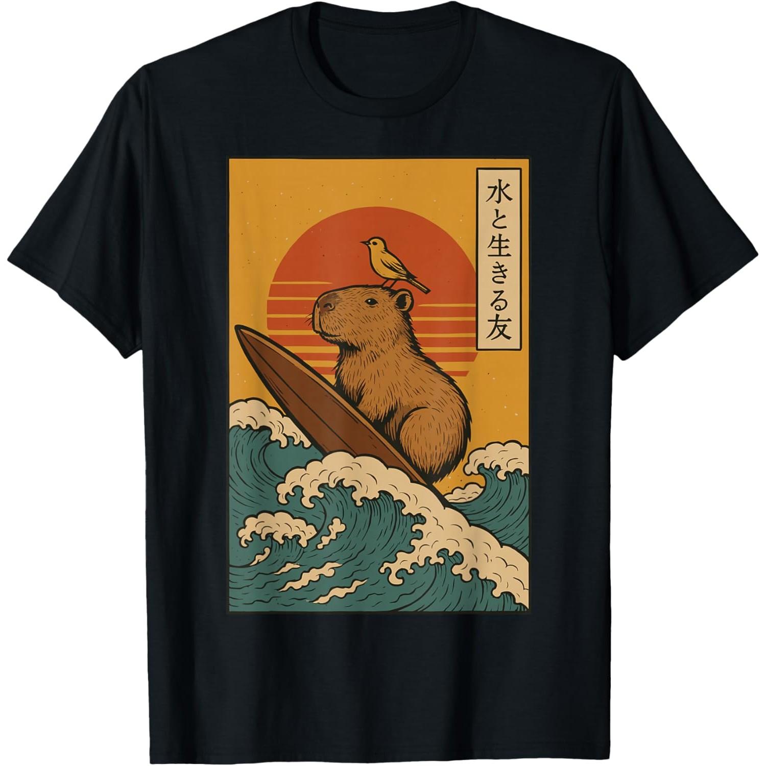 Capybara Surfing Japanese Ukiyo Style Graphic Cotton TShirt Casual Mens Tee - Men s Summer Cotton Graphic Tee S