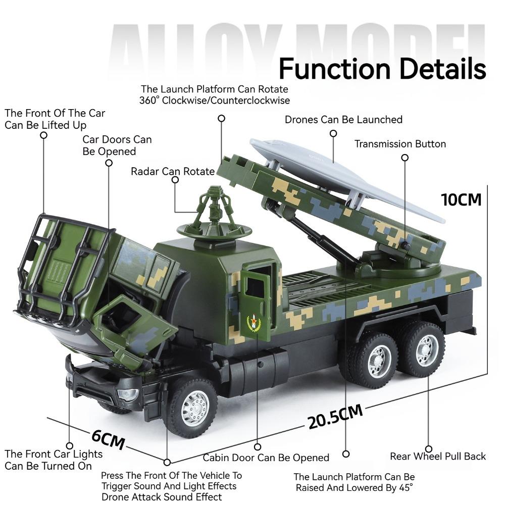1:32 Scale Drone Launch Model Car Toy Rotatable Launch Pad Alloy Diecast Sound Light Pull Back Military Vehicles for Kids Gifts