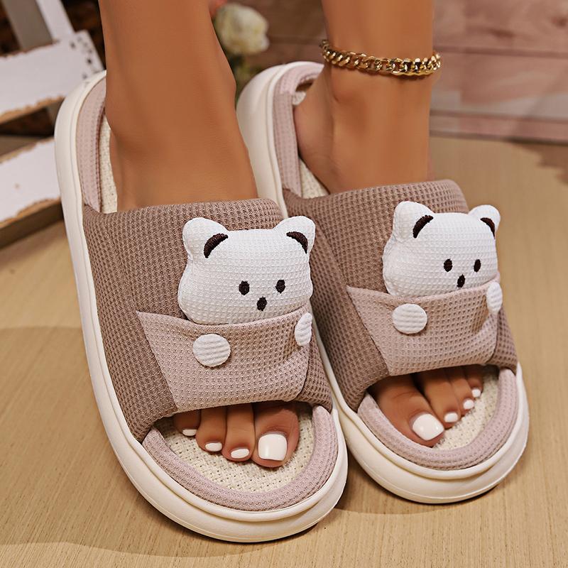 Fashion Cute Cartoon Bear Linen Slippers Women Breathable Sole Four Season Indoor Slippers Comzy Plus Size 45 Unisex House Slides Shoes