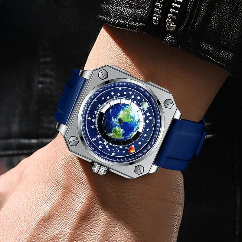 Earth Watch for Men Rotating Earth Dial New Concept Creative Blue Planet Non Mechanical Pointer Silicone Tape Men Watch