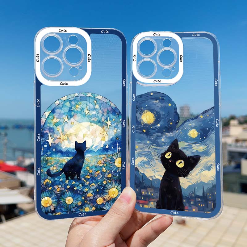 Coque de téléphone Chat Ciel Étoilé pour iPhone 13 12 Pro Max 15 14 Pro Max Plus 11 XR XS X 8 7 Plus SE 2020 Coque Arrière Souple Transparente Fundas