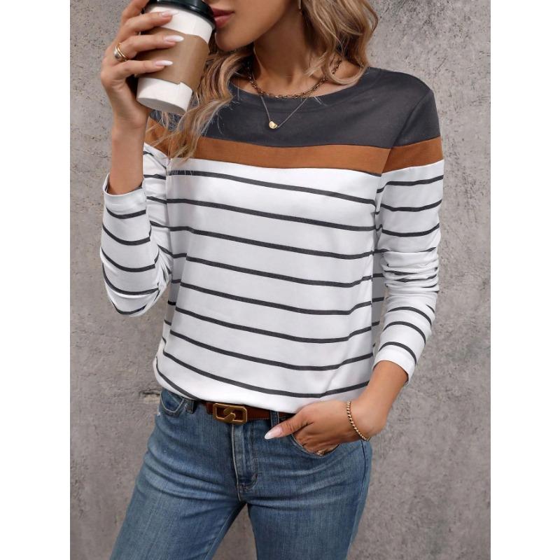 

Women s T-shirts 3D Stripe Color Block Print Fashion Long Sleeve Round Neck Regular Top Holiday Weekend Spring and Autumn XXXL