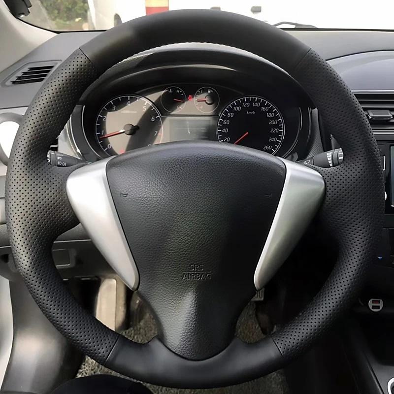 Hand-Stitched Black  Leather Car Steering Wheel Cover For Nissan Tiida Sylphy Sentra Versa Note 2014