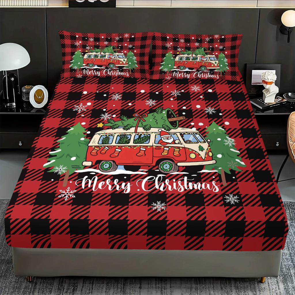 3pcs Christmas red checkered car print coreless bed sheet set multiple size soft bed covers bedroom bedding decorations