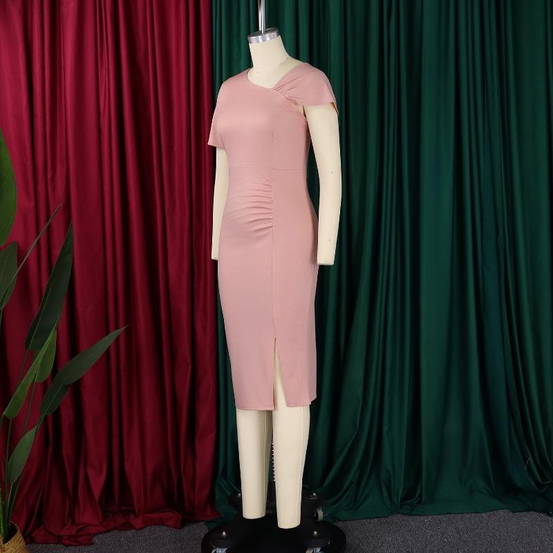 Women Fashion Elegant Solid High Waist Hip Wrap Short Sleeve Midi Dress