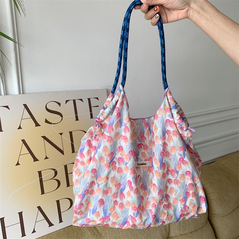 Hanfeng Summer Largecapacity Hand Carry Shoulder Bag Drawstring Shopping Bag Fresh Floral Tote Bag Underarm Bag