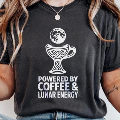 Celtic Chalice Coffee T-Shirt Lunar Energy Cozy Goth Mythology Tee Witchy Celestial Knot Coffee Lover Gift