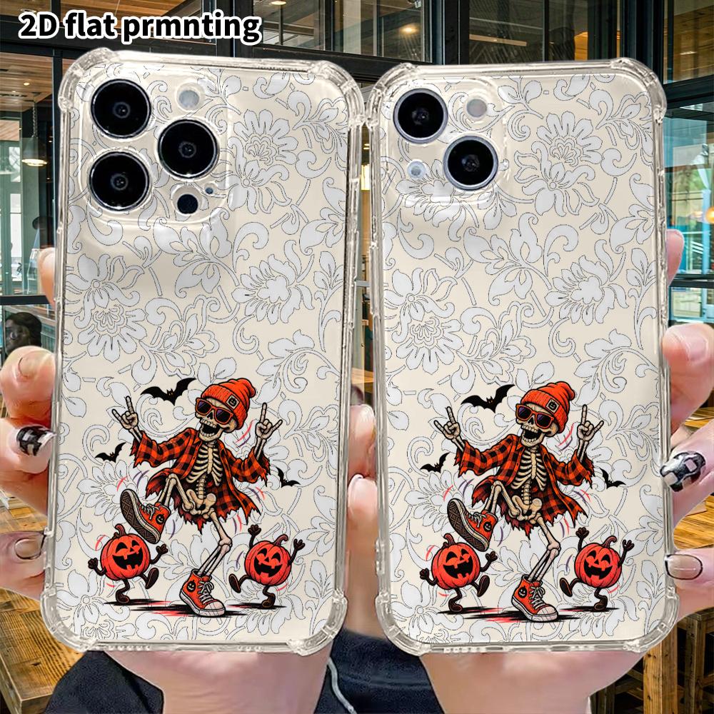 Phone Case: 2D Flat, Fits iPhone 18 17 16 15 14 13 Pro, Transparent Four Corner Protection, Rock Skull, Christmas and Halloween Gift