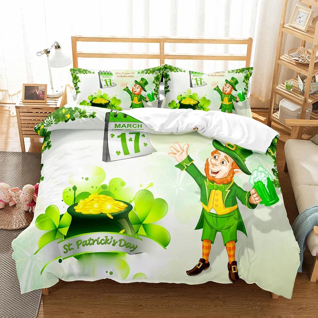 Happy St Patrick's Day Duvet Cover Set Plant Clover Bedding Set Green Lucky Leaf Quilt Cover Botanical Leaves Bedspread Cover