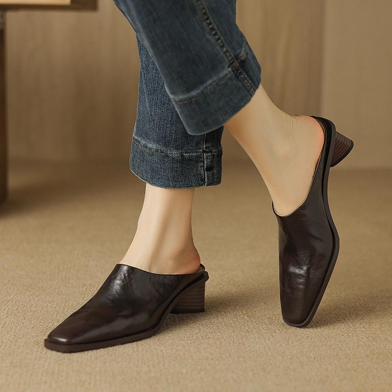 Fashion 2025 Fashion Covered Toe Genuine Leather Slippers Women Thick Heels Casual Mules Summer Daily Walk Sheepskin Leather Slippers