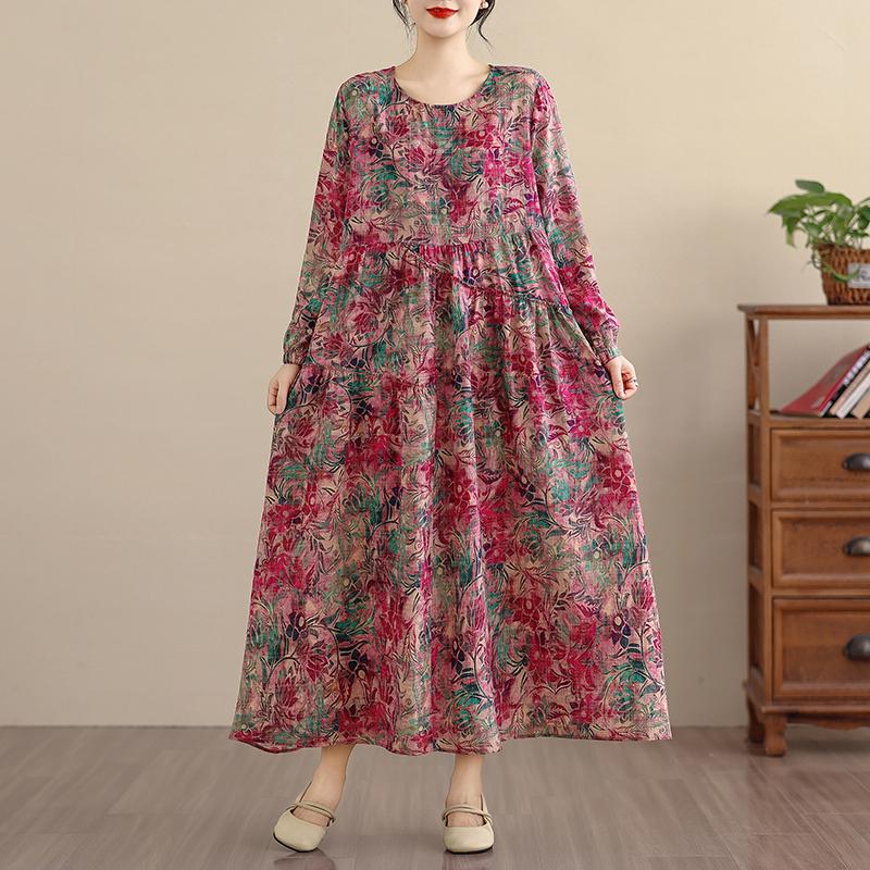 DIMANAF Nuovo 2025 Donna Taglie Forti Primavera Abito Lungo Morbido Base Vintage Oversize Manica Lunga Maxi Floreale
